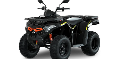 Black all-terrain vehicle (ATV) with rugged tires and orange accents.