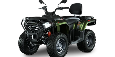 A rugged green all-terrain vehicle (ATV) with black and orange details.