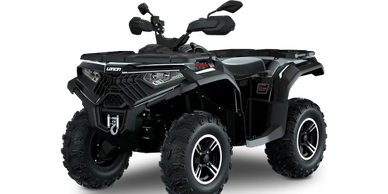 Black all-terrain ATV with rugged tires and front winch.