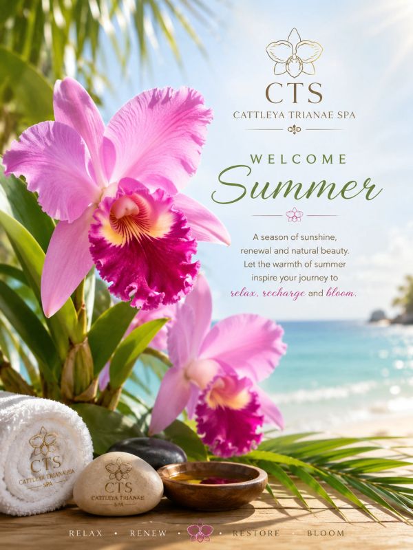 Bright pink orchids and spa items set against a sunny beach backdrop at Cattleya Trianae Spa.