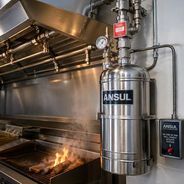 Kitchen fire suppression system activated above a grill with flames.