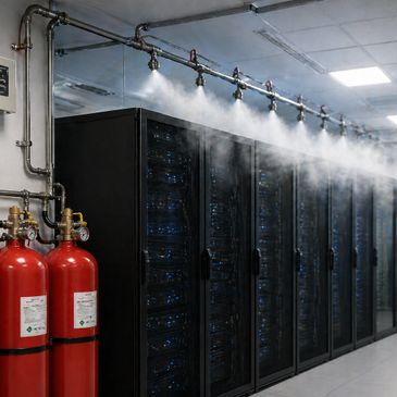 Cooling system spraying mist over server racks in a data center.