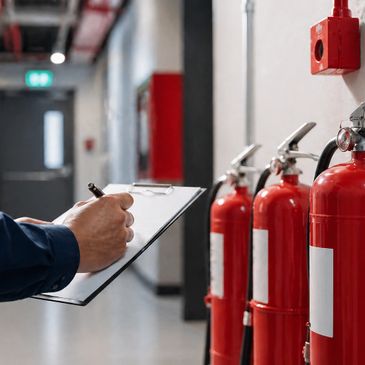 Person inspecting fire extinguishers with clipboard in hand.