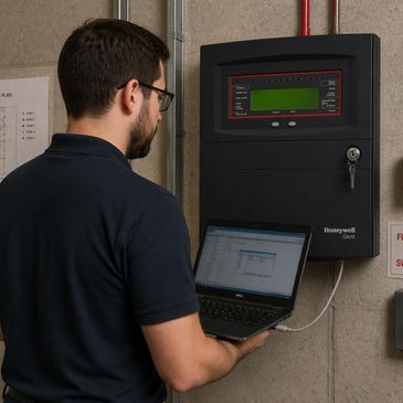 Technician using laptop to check Honeywell control panel.