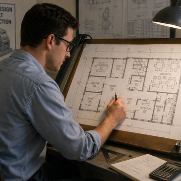 Architect working on a detailed office floor plan at his drafting table.
