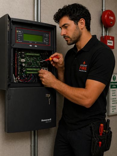 Technician repairing a fire alarm control panel.