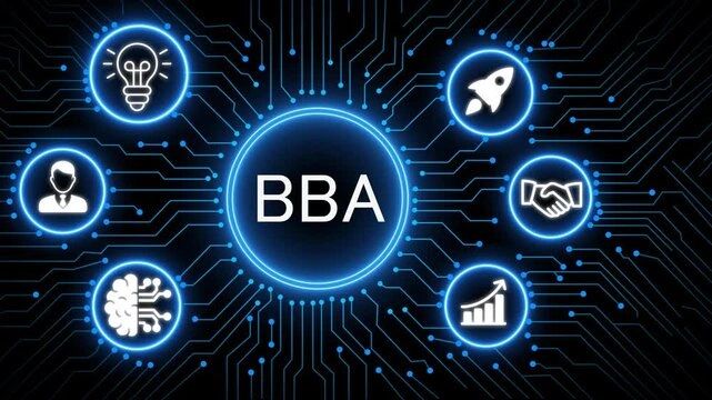 Digital network with BBA and business icons glowing in blue.