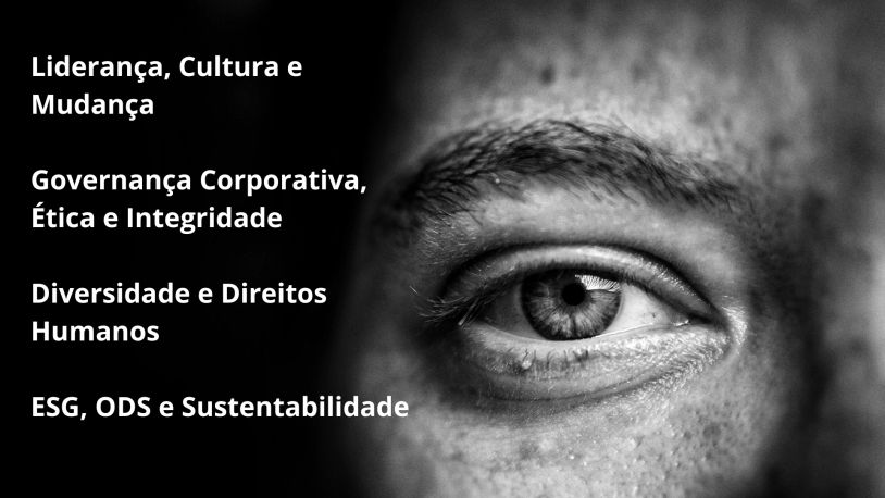 Olho humano em preto e branco com texto sobre liderança e sustentabilidade.
