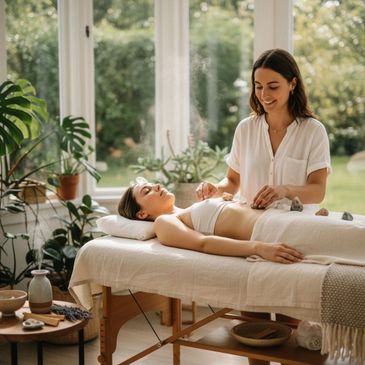 A woman receives a crystal healing session in a serene room filled with plants.