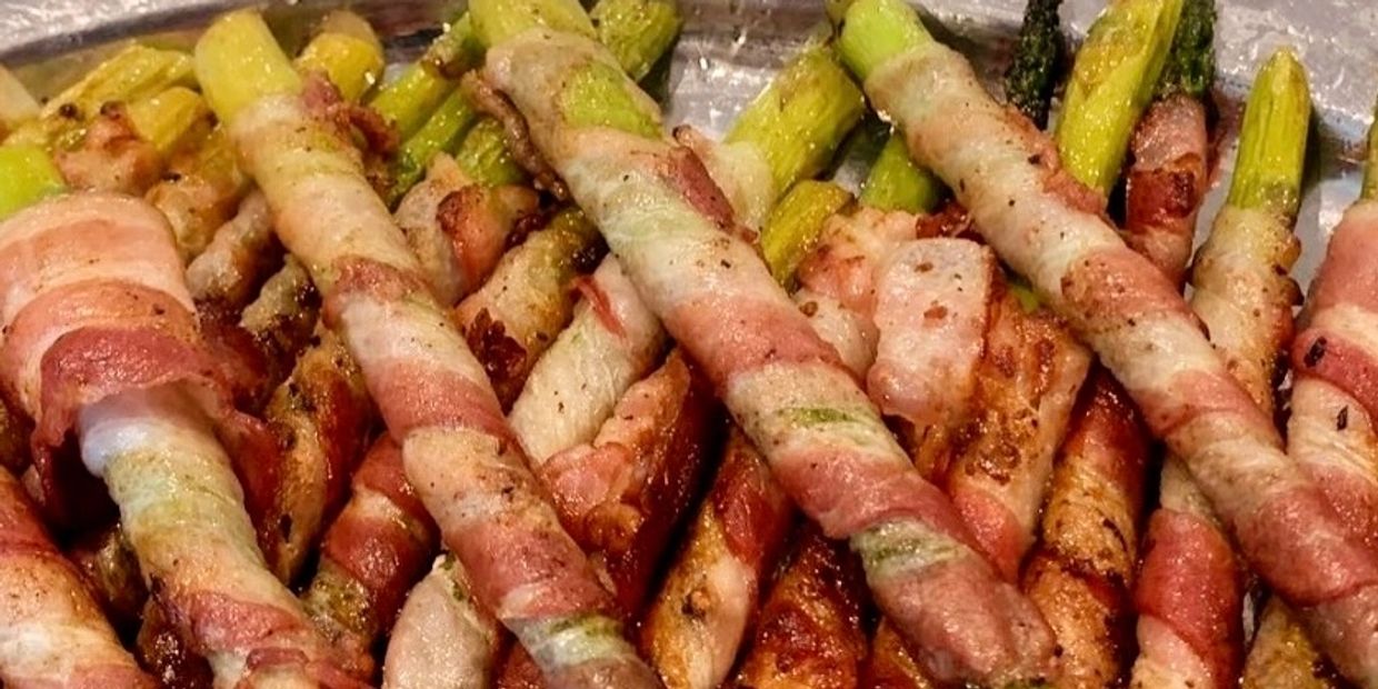 Fresh asparagus, rolled in crispy bacon rind.