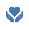 Blue icon of hands holding a heart symbolizing care and support.