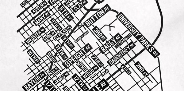 Black and white map showing street names and avenues in a grid layout.