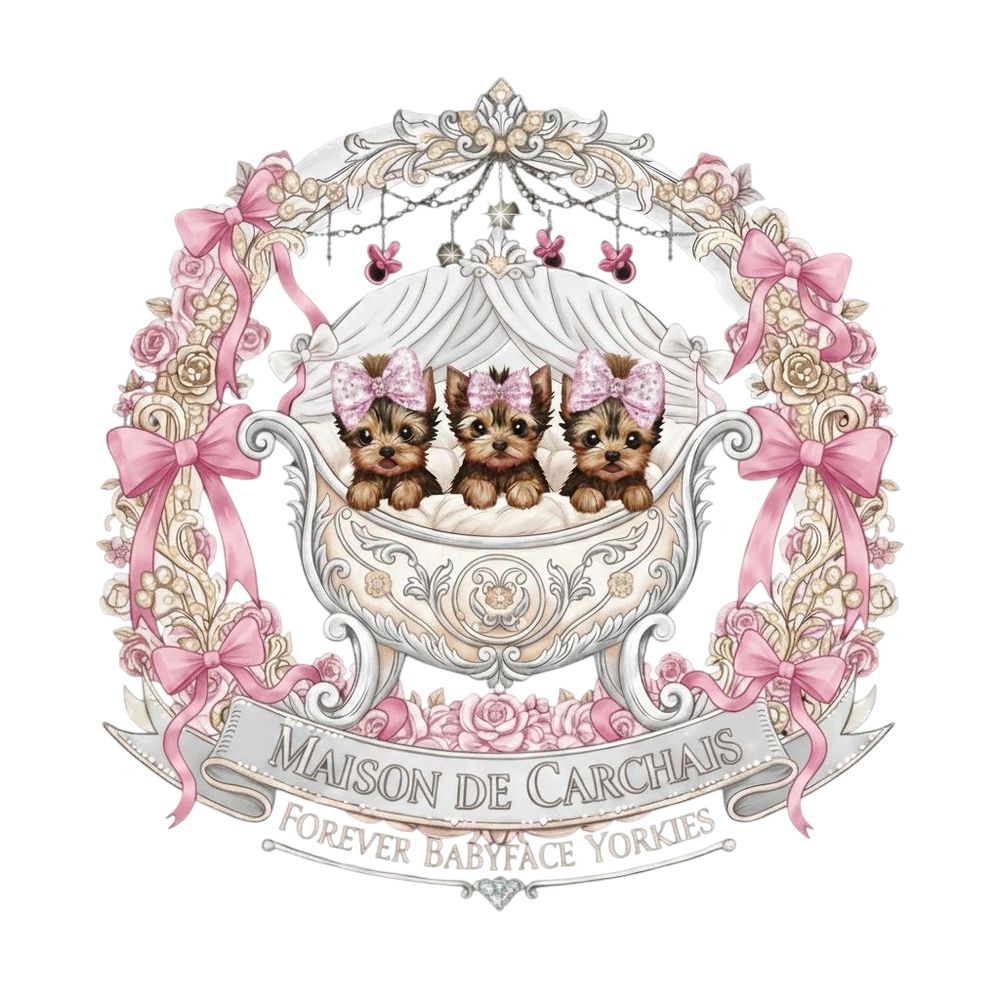 Three Yorkie puppies with pink bows in an ornate cradle surrounded by floral decorations.