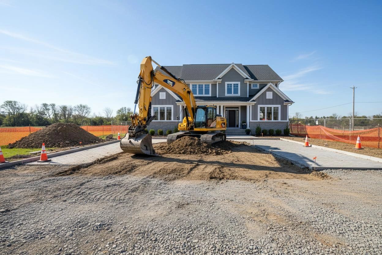 Excavator working on driveway construction in front of a new house.