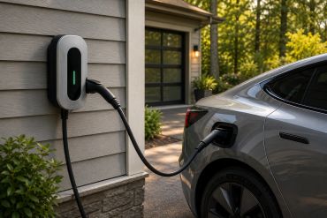 Electric car charging at home using a wall-mounted charger.