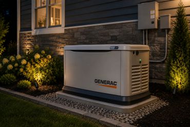 Generac standby generator installed outside a house at night.