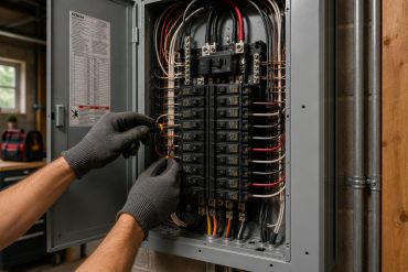 Electrician working on a residential circuit breaker panel with insulated gloves.