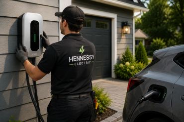 Electrician installs EV charging station at home next to a parked electric vehicle.