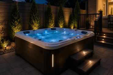 Illuminated outdoor hot tub with bubbling water at night.