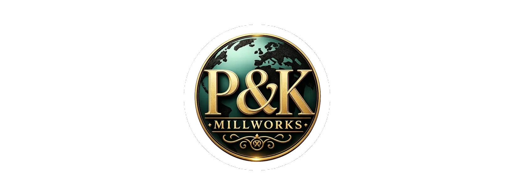 Gold and green P&K Millworks logo with a globe design.