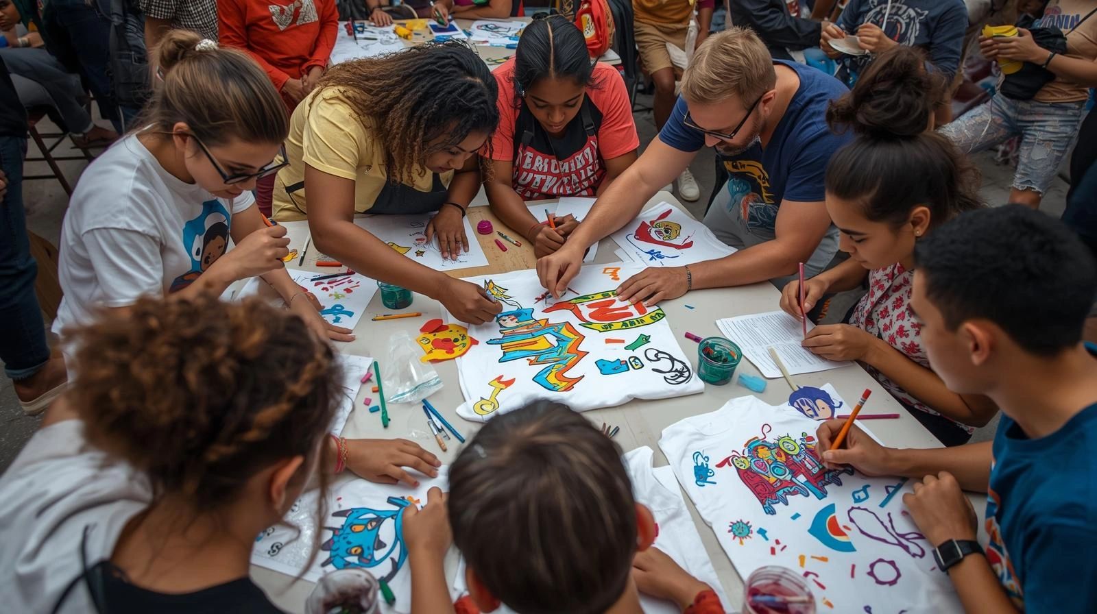 A group of people painting and decorating white t-shirts together.