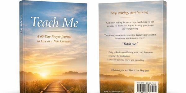 A prayer journal book titled "Teach Me" with a sunset cover scene.