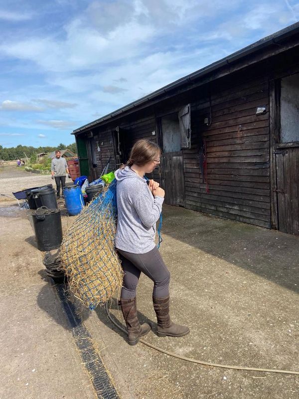 A student carrying hays to feed horses