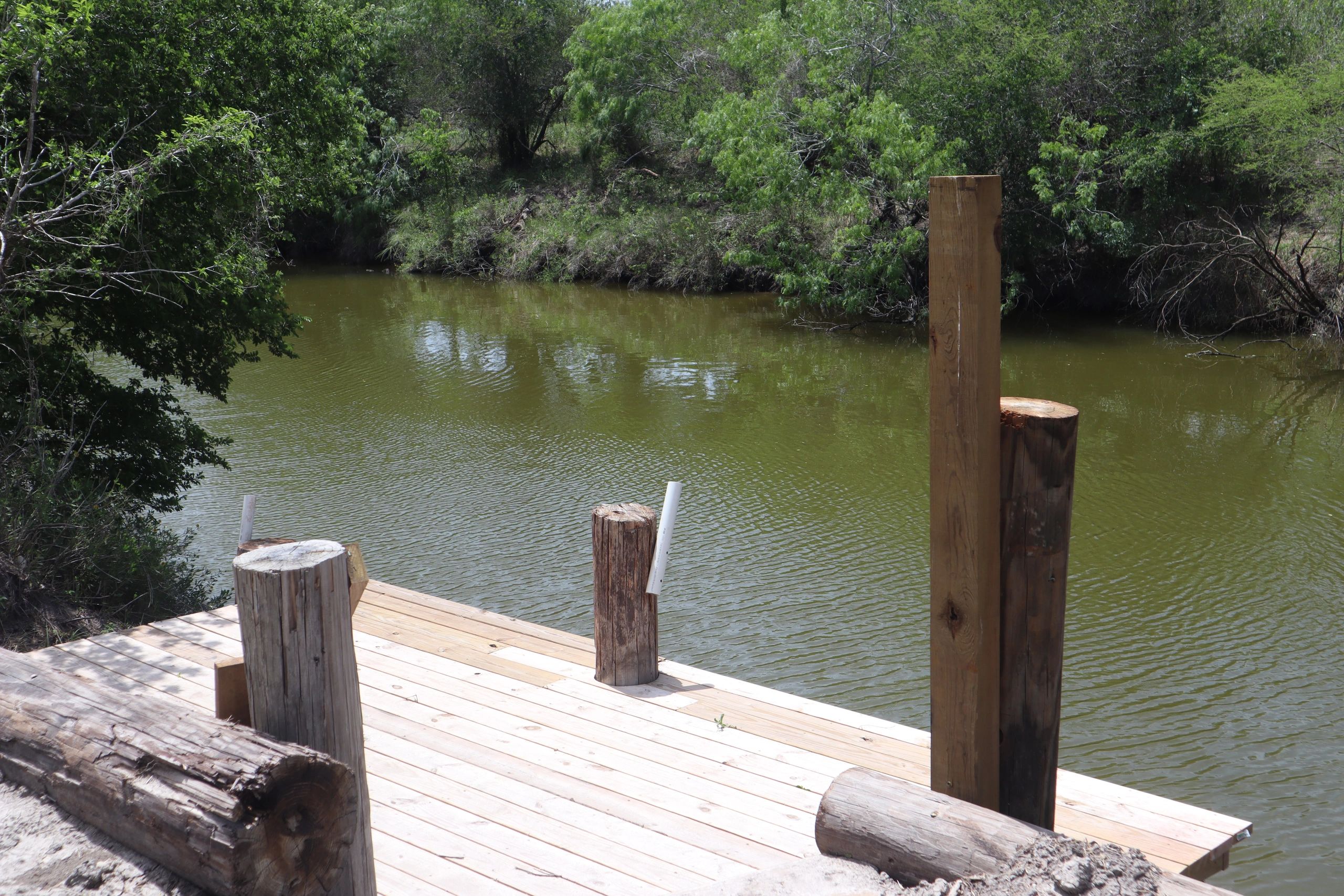 Wooden dock by a river surrounded by trees.