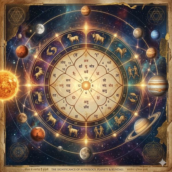 Astrology wheel showing zodiac signs with planets and cosmic background.