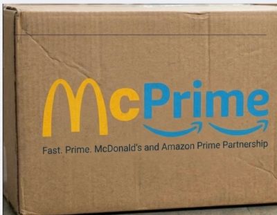 A cardboard box labeled 'McPrime' combining McDonald's and Amazon Prime logos.