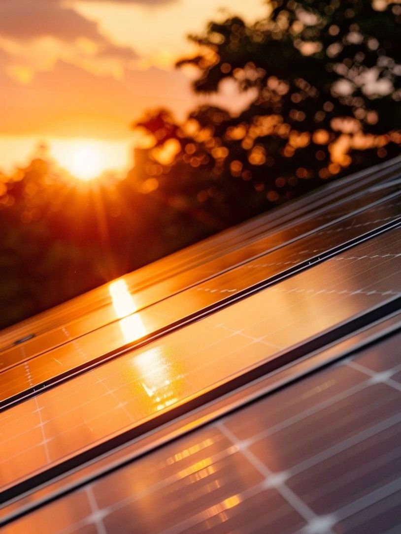 Solar panels reflecting the warm glow of a sunset.