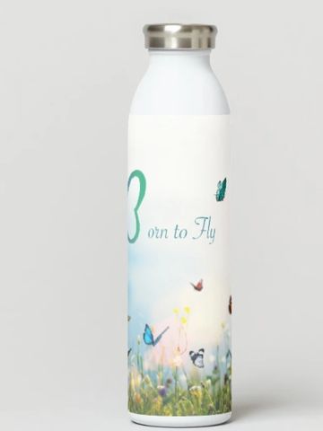 Water bottle with born to fly logo to represent online tarot readings
