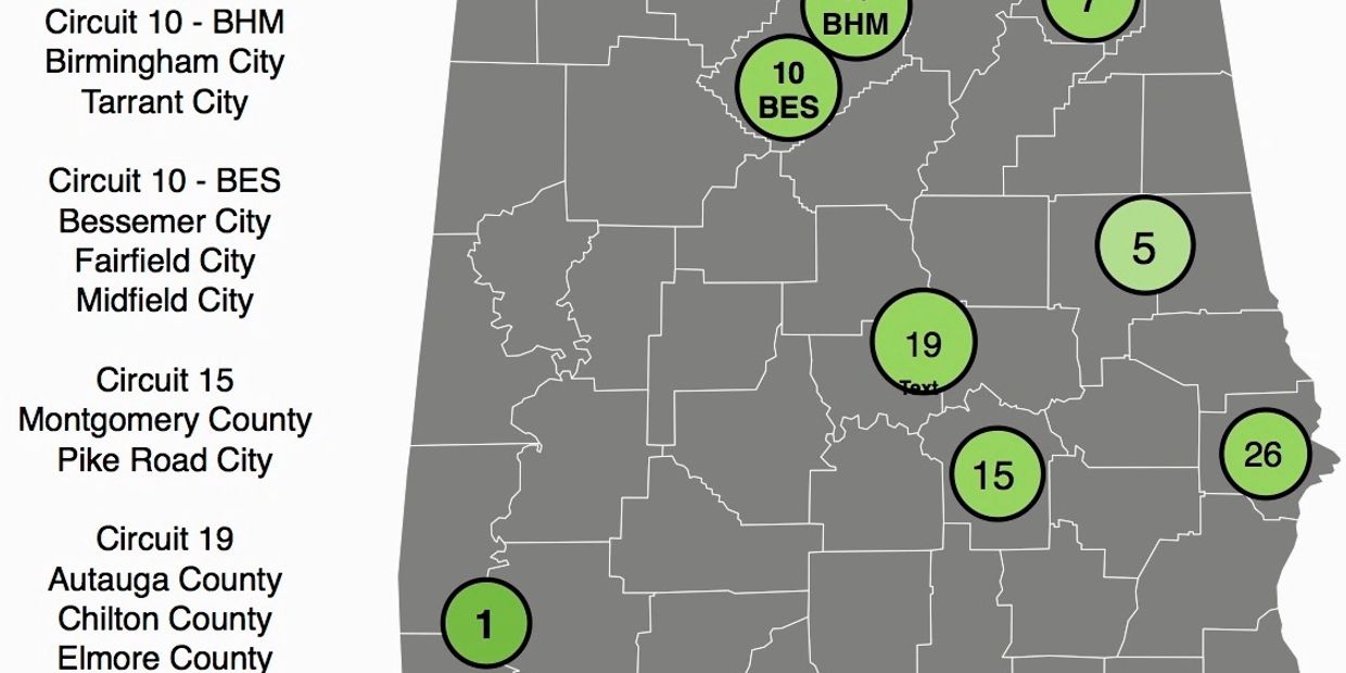 Map showing Alabama court circuits and counties.