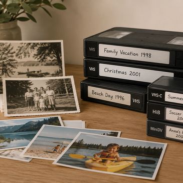 VHS, VHS-C, Hi8 and MiniDV home video tapes ready for digital conversion.