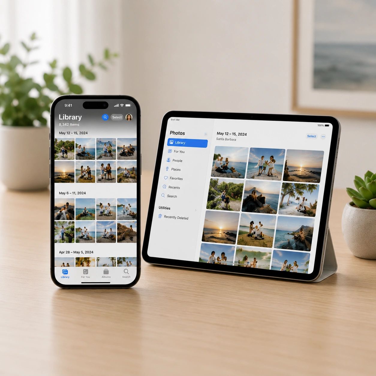 Phone and tablet displaying photo libraries.