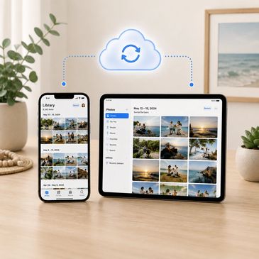 iPhone and iPad displaying an organized photo library syncing with cloud storage.