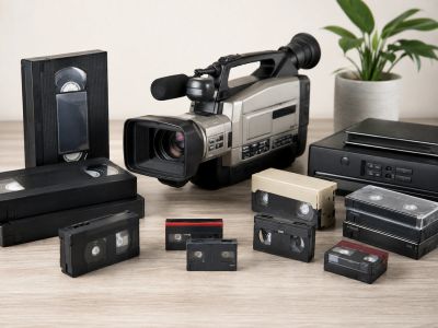 Retro video camera with VHS tapes and players.