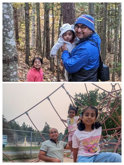 Two photos of families enjoying outdoor activities with children.