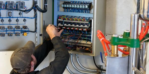 male electrician fixing commercial electrical panel fuse.