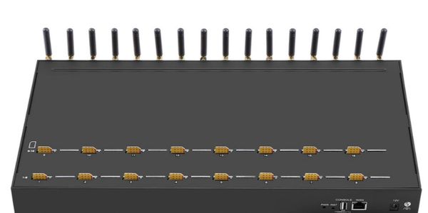 Black device with 16 antennae and multiple ports for connectivity.