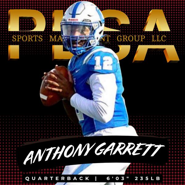 Anthony Garrett, quarterback in blue football uniform.