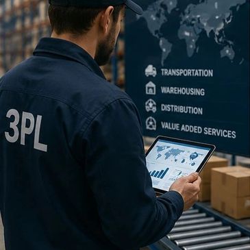 Logistics worker using tablet for supply chain management in warehouse.
