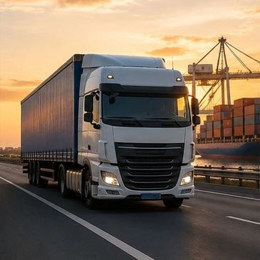 A large white semi-truck driving on a road near a shipping port during sunset.