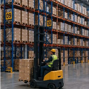 Worker operating forklift in warehouse with stacked boxes.