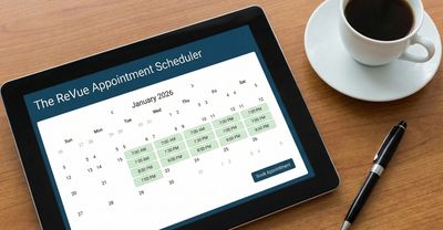 Tablet showing The ReVue Appointment Scheduler with a calendar and a cup of coffee.