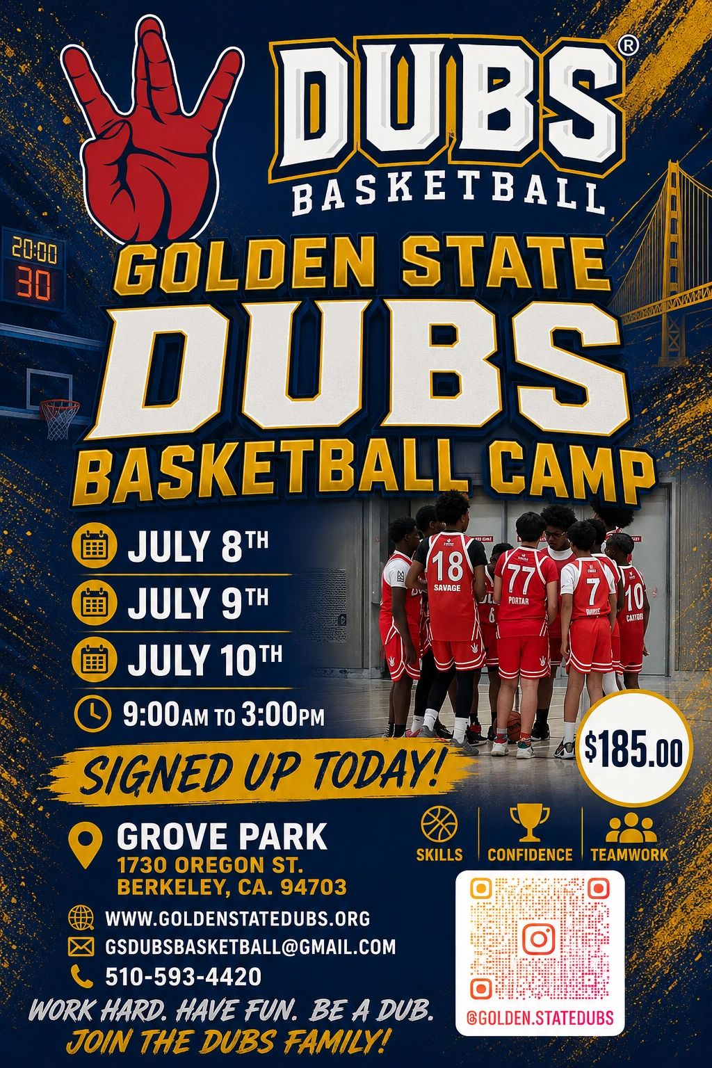 Golden State Dubs Basketball Camp flyer with dates and registration info.