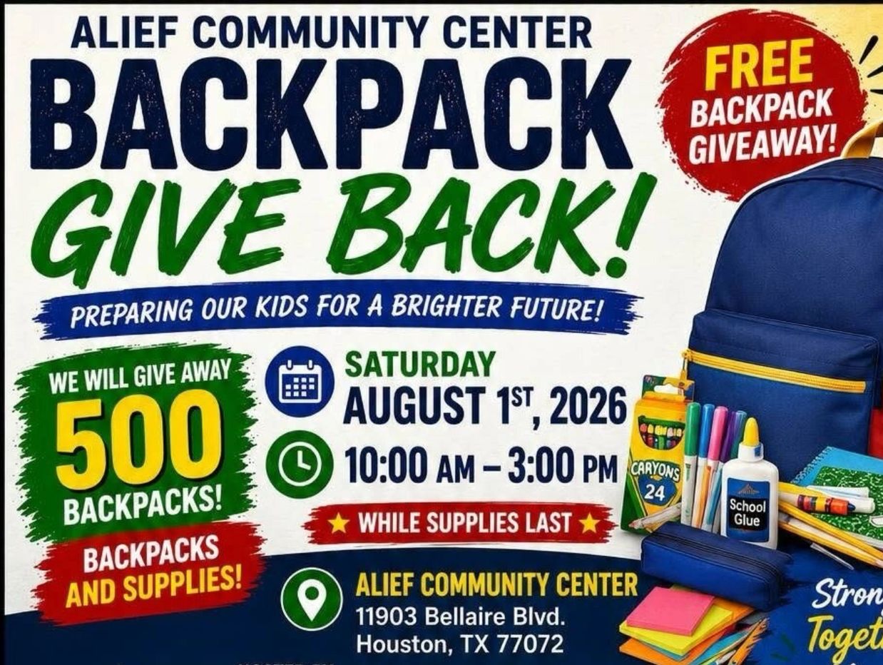 Free backpack giveaway at Alief Community Center on August 1, 2026.