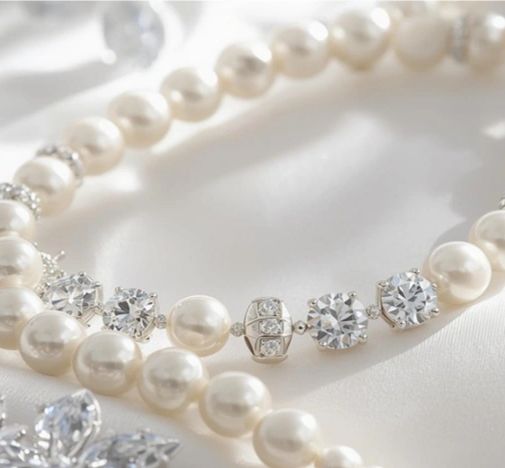 Elegant pearl necklace with sparkling diamond accents on a soft white fabric.