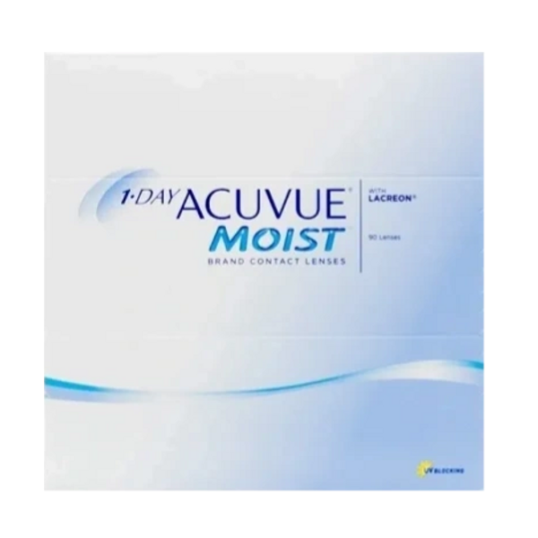 Box of 1-Day Acuvue Moist contact lenses with LACREON technology.