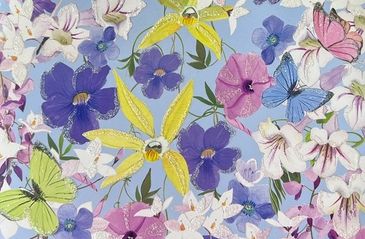 Colorful floral and butterfly pattern on light purple background.